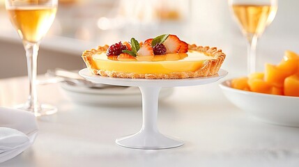   A fruit tart rests on a cake stand alongside an orange bowl and a wine glass