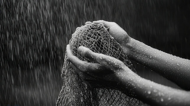Hands holding wet fishing net under falling rain, creating dramatic black and white scene. droplets enhance texture and emotion of moment