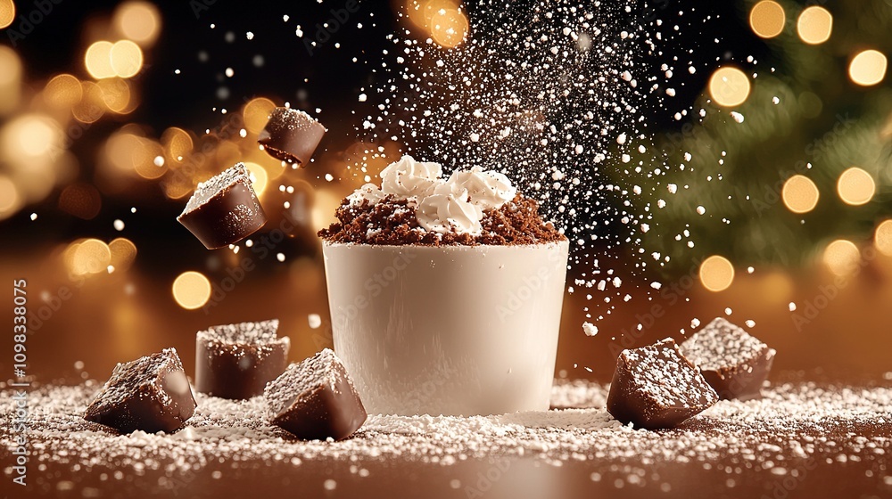 Poster a cup of steaming cocoa with marshmallows cascading from it and a festive christmas tree in the back
