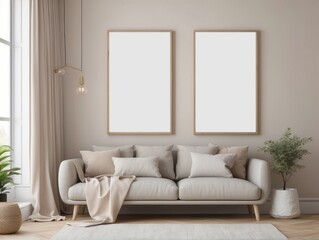 Fototapeta premium blank poster frame in classic beige interior with modern furniture, Minimalist style home