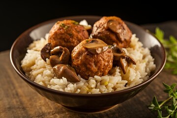 Obraz premium A close-up shot of a bowl with cooked rice, meatballs, and a mushroom sauce
