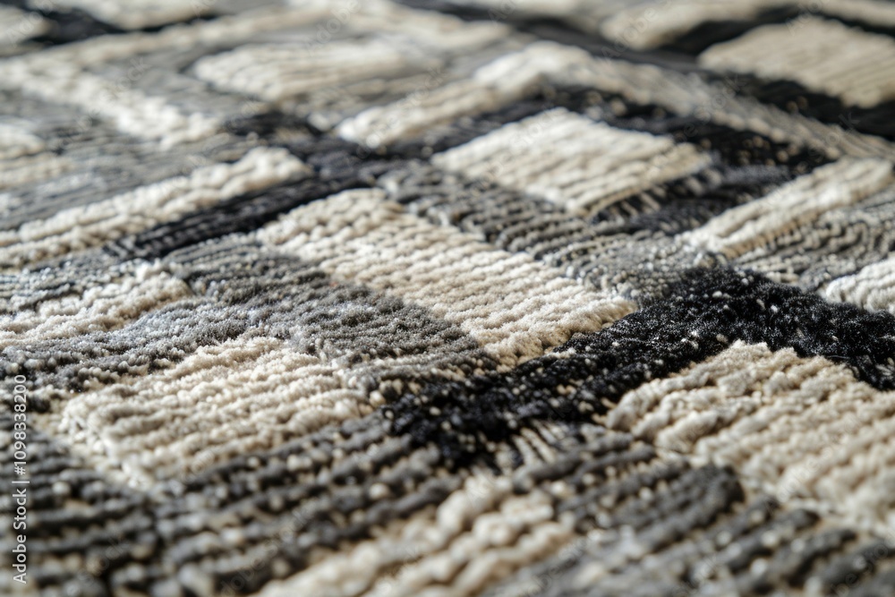 Poster close up view of intricate weaving pattern on textured carpet in shades of gray and beige