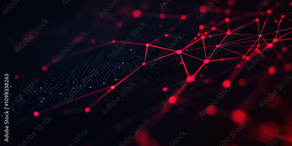 Poster abstract digital network connections with red dots and lines on a dark background.