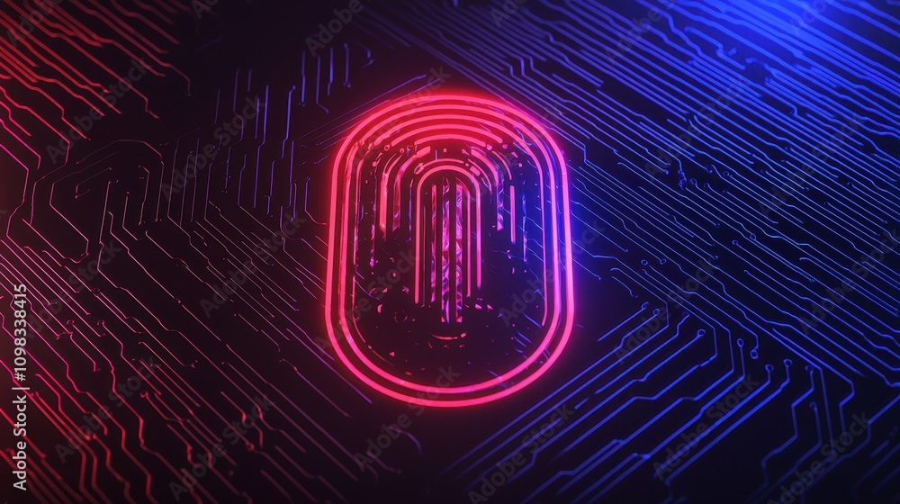 Aufkleber a vibrant, abstract representation of a fingerprint icon surrounded by a circuit-like pattern, illum