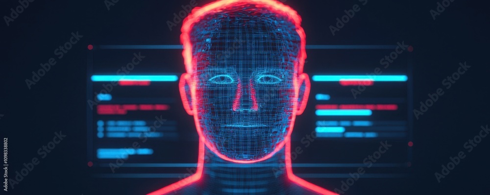 Poster a digital representation of a human face with neon blue and red outlines, set against a dark backgro