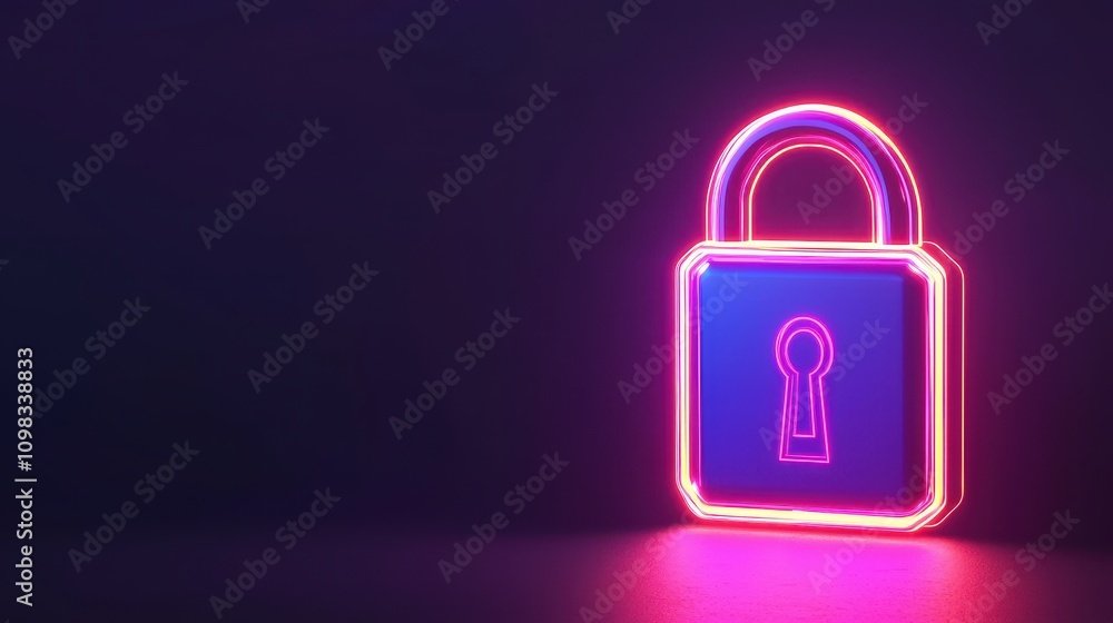Poster a glowing neon padlock symbolizing security and protection against unauthorized access in a digital 