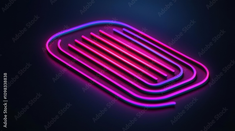 Poster a vibrant neon design featuring intertwining lines in pink and blue, set against a dark background, 