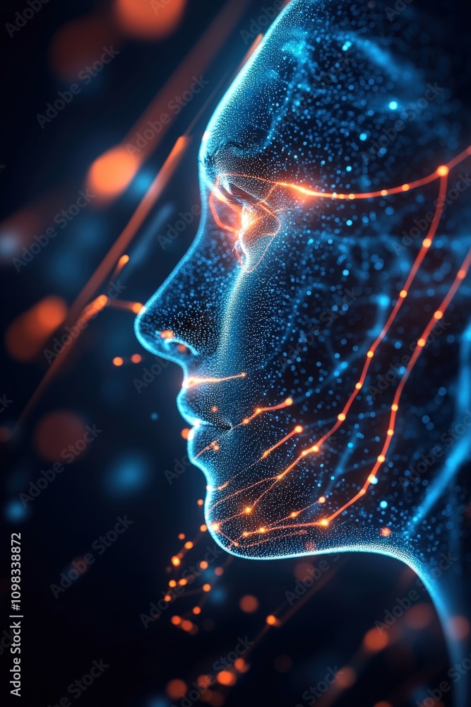 Aufkleber abstract representation of a human face with glowing circuitry and digital elements.