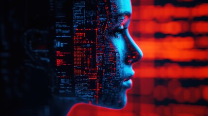 A digital silhouette of a woman"s profile is filled with glowing data streams, creating a striking contrast with a red background.