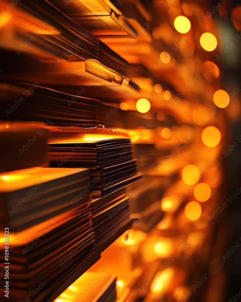 Poster abstract view of files stacked vertically with warm golden lighting, creating a cozy atmosphere.