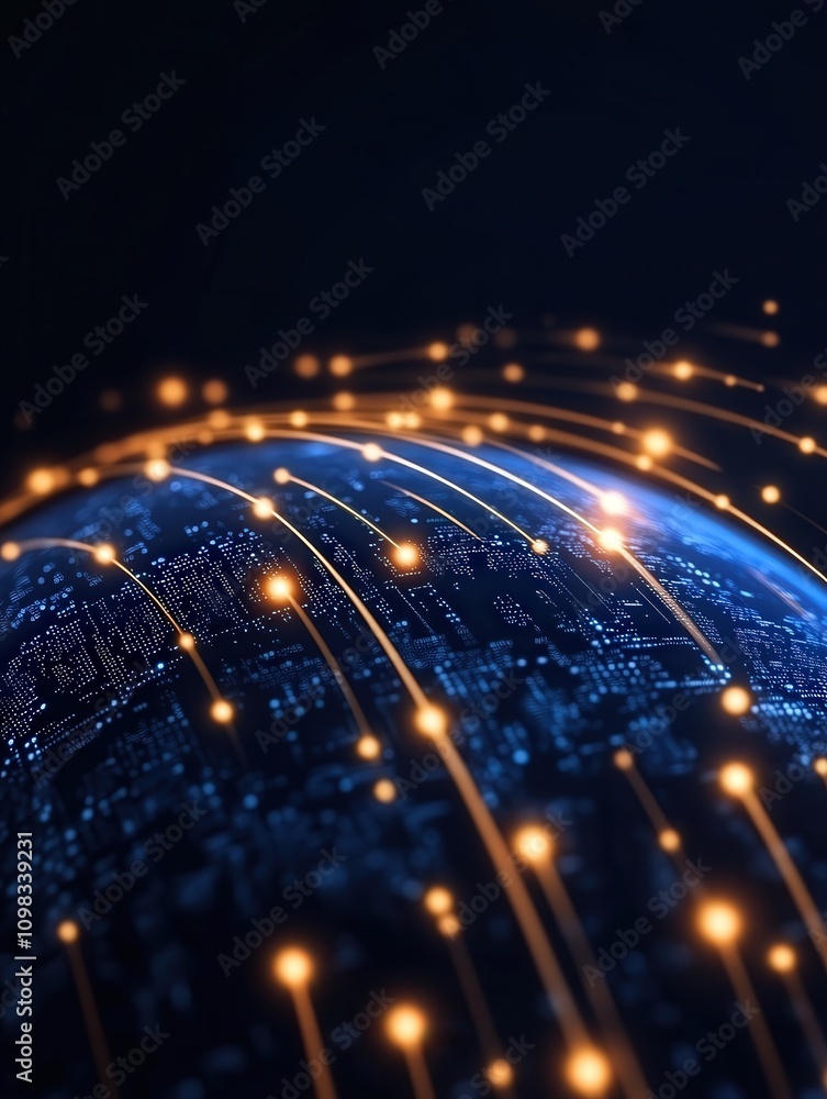 Poster abstract view of a global network with glowing lines and digital connections around earth.