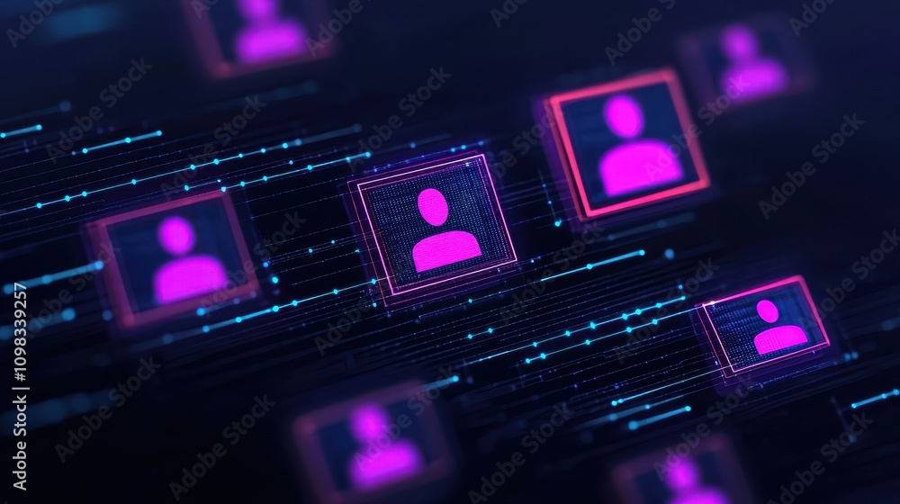 Poster a digital representation of user profiles connected through vibrant lines, showcasing a modern netwo