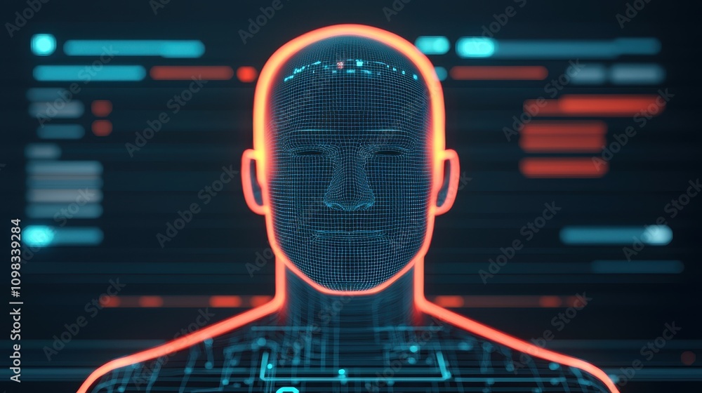 Poster a digitally rendered human head silhouette with glowing circuitry and data elements in the backgroun