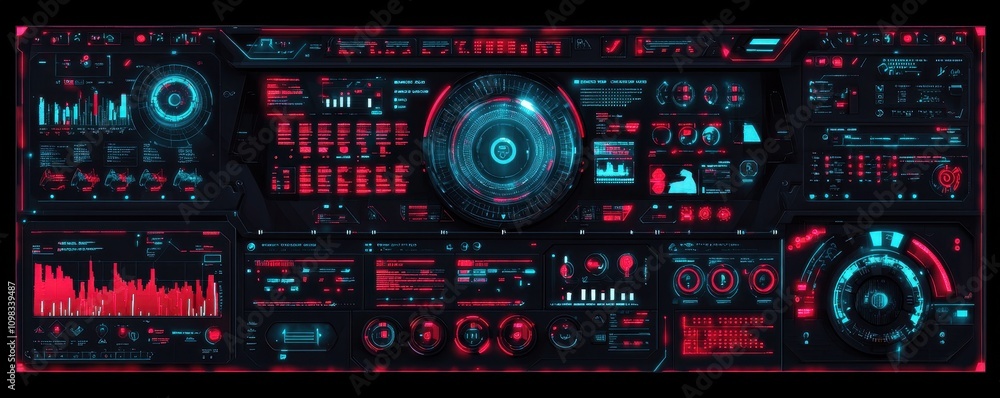 Poster a futuristic, high-tech dashboard featuring various data visualizations, graphs, and controls in vib