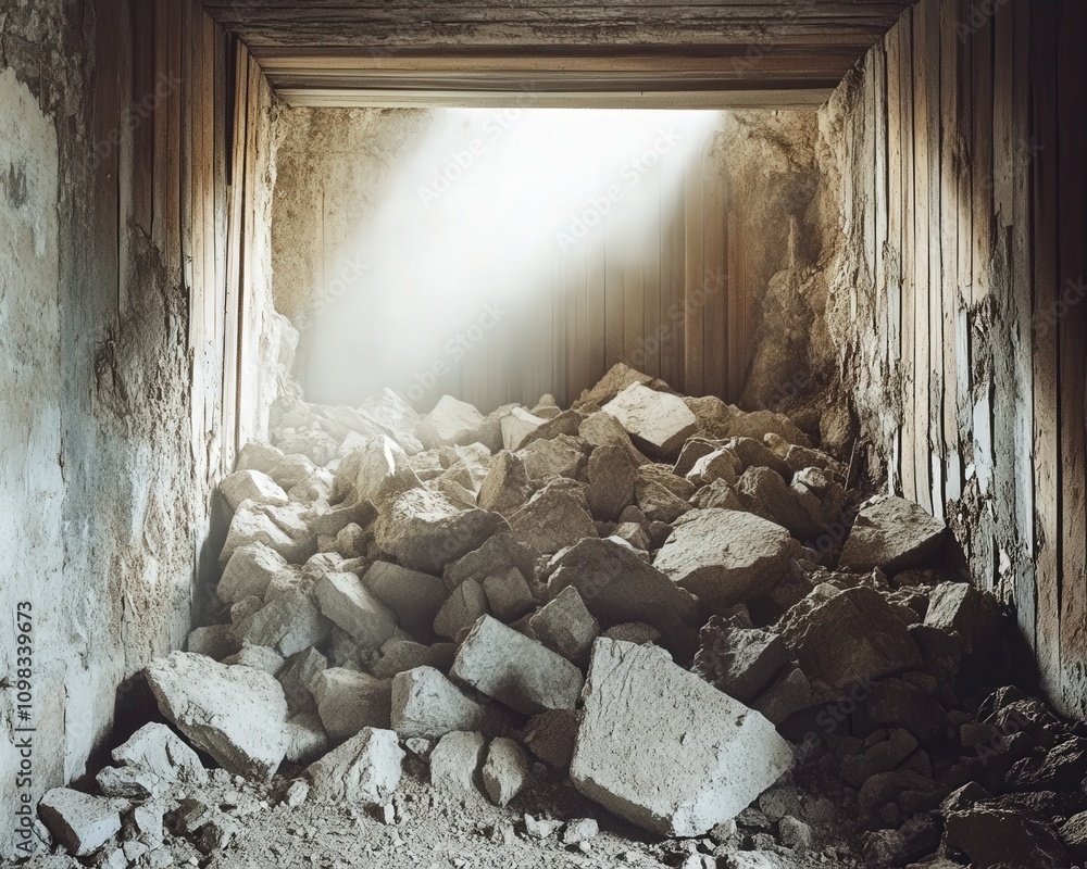 Aufkleber an abandoned building with rubble blocking an entrance, illuminated by soft light.
