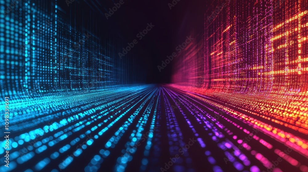 Poster a vibrant digital landscape featuring streams of colorful binary code, creating a sense of depth and