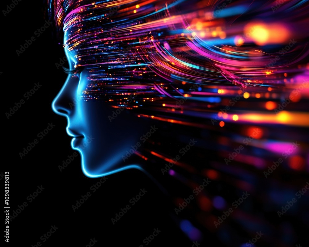 Poster an abstract representation of thought and creativity with colorful light trails.
