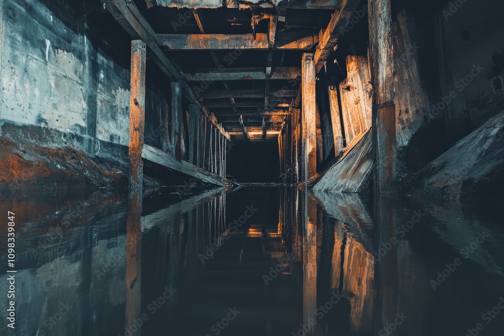 Poster an atmospheric view of a submerged structure reflecting light in dark waters.