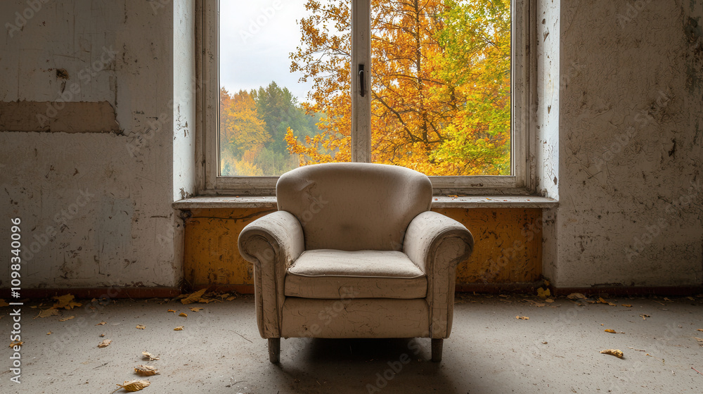 Poster old armchair sits in room with window overlooking autumn foliage, creating serene and nostalgic atmo