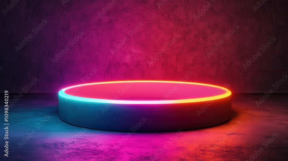 Poster a vibrant, illuminated circular platform glows with neon lights against a textured wall, creating a 