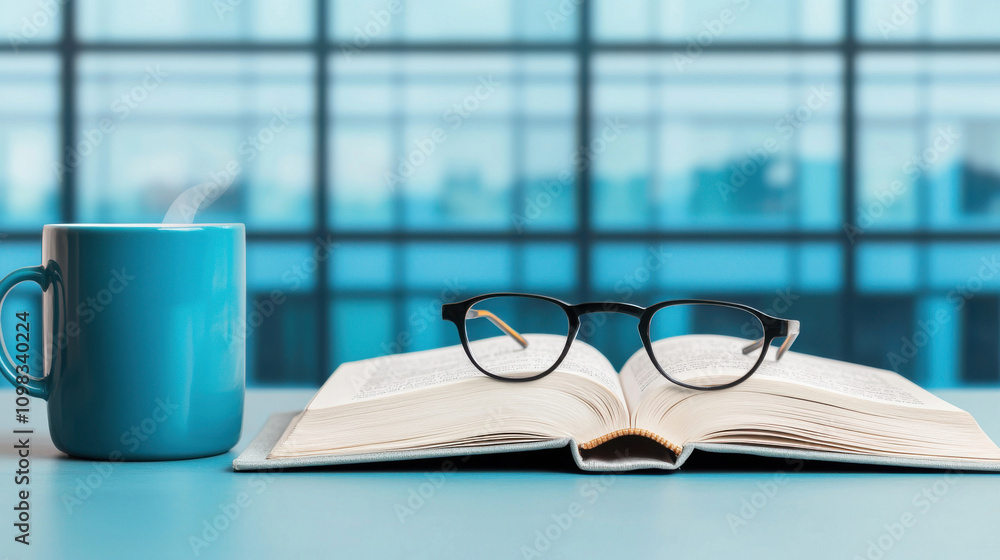 Poster open book with reading glasses and steaming coffee mug on table creates cozy atmosphere for reading.