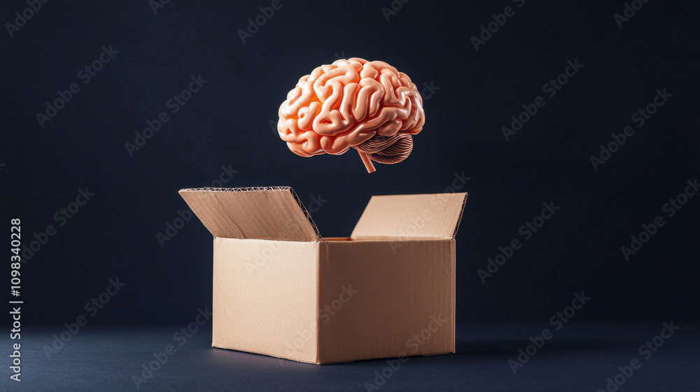 Poster floating human brain above open cardboard box creates surreal and thought provoking image. contrast 
