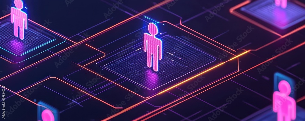Poster a digital representation of interconnected figures in a futuristic setting, emphasizing technology a