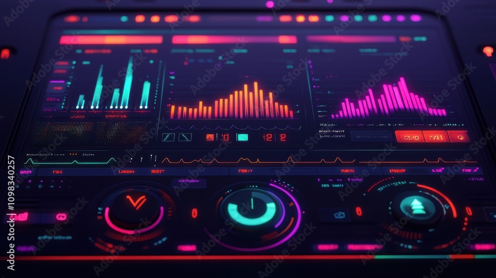 Poster a vibrant, futuristic dashboard displaying colorful data visualizations, graphs, and controls, empha