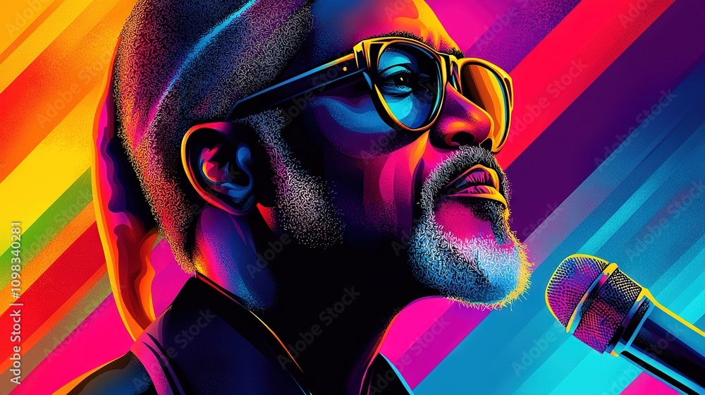 Poster a close-up of a person holding a microphone in front of a multicolored image of a man wearing glasse