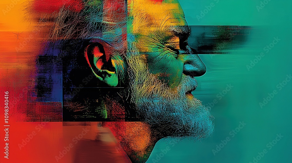 Poster a close-up of a man's face with a multicolored image overlay
