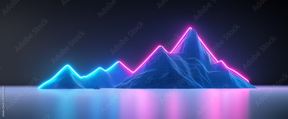 Poster an abstract virtual reality scene in violet, showcasing a 3d rendered cyber space with unreal mounta