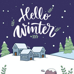 Fototapeta premium Hello winter snow holiday background card with small huts & tree