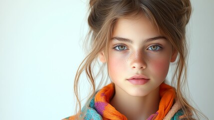 A young girl with captivating green eyes gazes thoughtfully out of a bright window, embodying innocence and curiosity in a serene moment