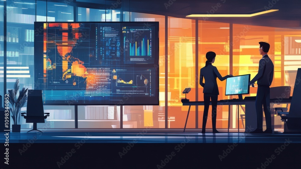 Poster modern office meeting with data visualization display
