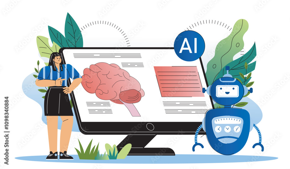 Poster woman with ai education. young girl communicates with bot near computer screen. artificial intellige