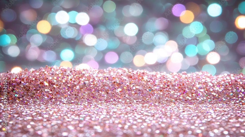 Poster a zoomed-in photo of a sparkly backdrop featuring a hazy image of urban lights behind it
