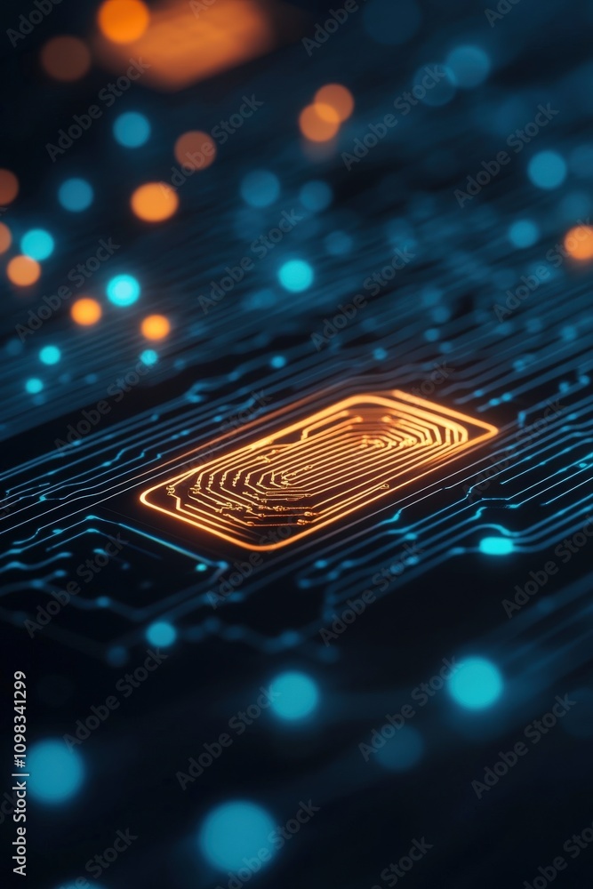 Poster close-up of a circuit board with glowing fingerprint icon, symbolizing digital security.