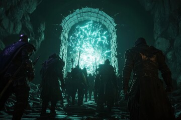 Party of adventurers entering a dungeon portal with visible group UI and buff icons, captured using wide-angle lens on mysterious portal glow, with copy space