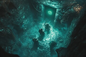 Party of adventurers entering a dungeon portal with visible group UI and buff icons, captured using wide-angle lens on mysterious portal glow, with copy space