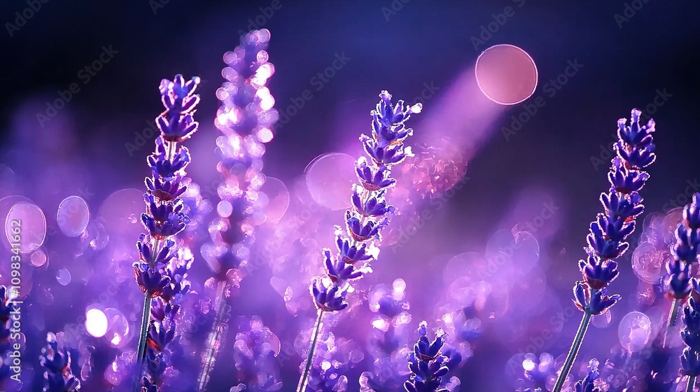 Poster a detailed image of several lilac blooms with a radiant source shining in the backdrop