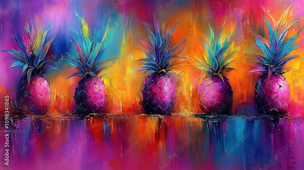 Poster pineapples in front of multicolored background with water reflection
