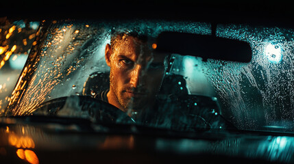 focused driver glances through rain soaked windshield, capturing moment of intensity and contemplation. atmosphere is moody and reflective