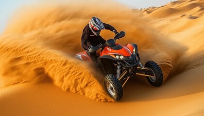 Atv Rider Maneuvering Through Sand Dunes - Making Turns In The Sand-Filled Terrain. A Person Enjoying An Atv Ride In The Sandy Dunes And Performing Turns.