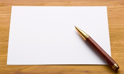 A blank sheet of paper lies on a wooden surface next to a gold-tipped pen, inviting creativity and ideas.