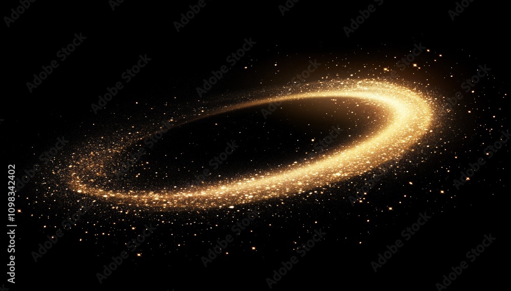 Poster enchanting gold dust trail with star-shaped sparkles on dark transparent background. realistic circl