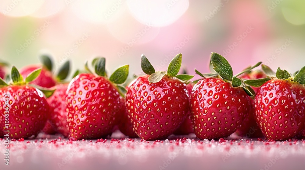 Poster close-up image of a group of strawberries with foliage on top and bottom, arranged at the base of a 