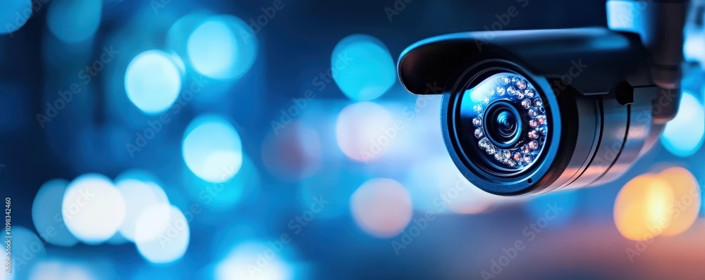 Poster close-up of a security camera capturing a vibrant bokeh background.