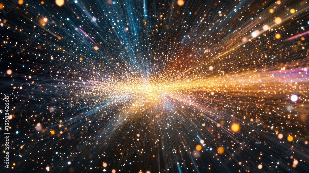 Poster bright data particles gathering in a dense cluster, then scattering across a dark background
