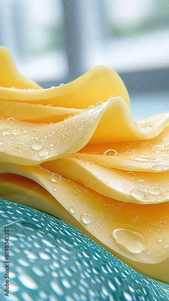 Poster a yellow-blue object with water droplets on its surface and a window in the background