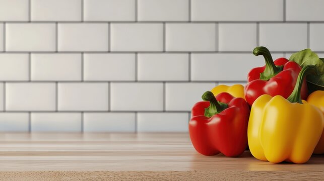 A vibrant display of red and yellow bell peppers on a wooden surface against a tiled wall, showcasing fresh produce and a clean kitchen aesthetic.